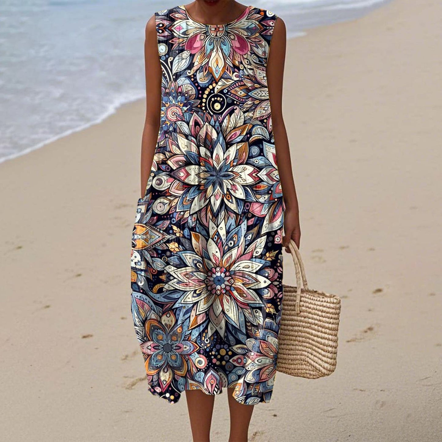 Sleeveless Shirt Dress Women's Casual Floral Print 3D Printed Sleeve Length Skirt