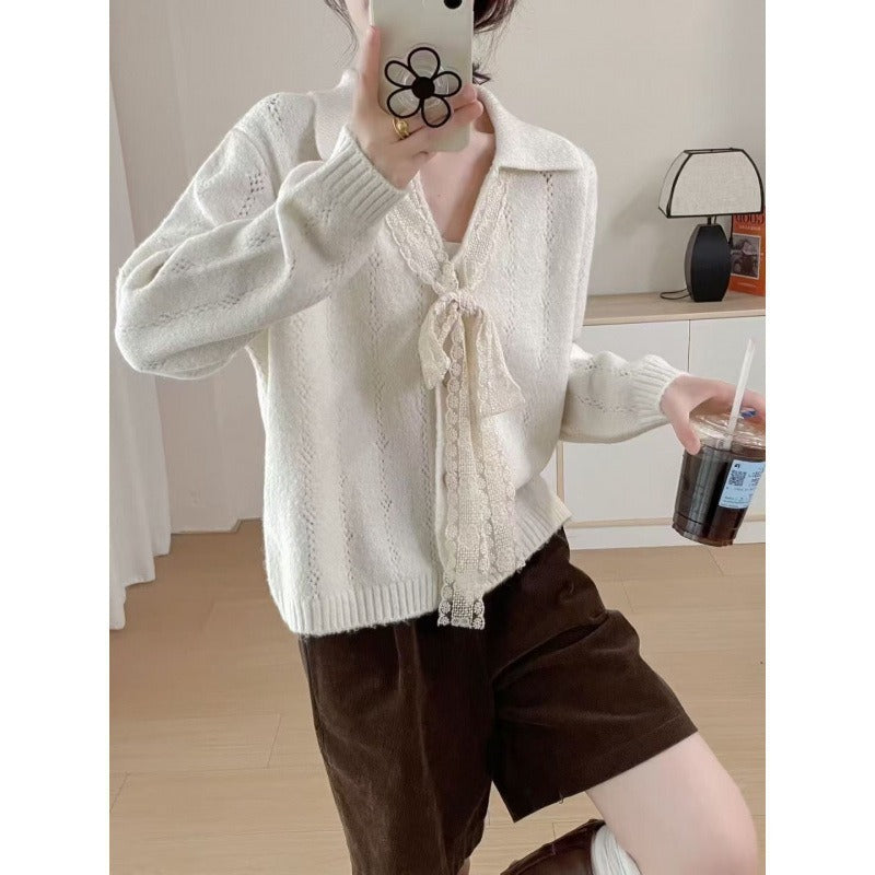 Lapel Knitwear Lace Lace-up Women's Sweater