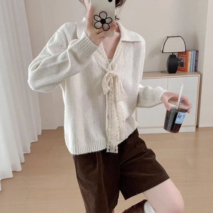 Lapel Knitwear Lace Lace-up Women's Sweater