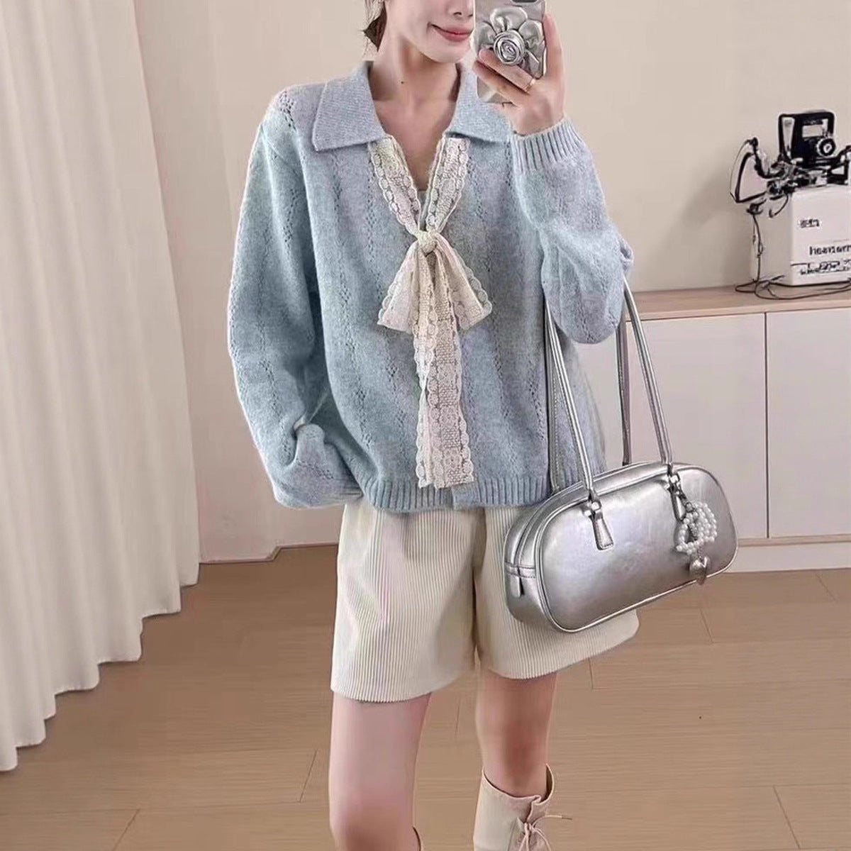 Lapel Knitwear Lace Lace-up Women's Sweater