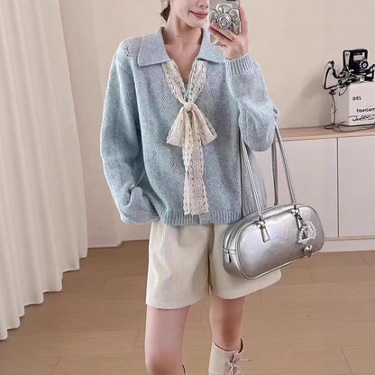 Lapel Knitwear Lace Lace-up Women's Sweater