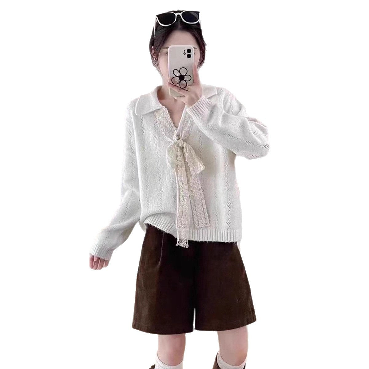 Lapel Knitwear Lace Lace-up Women's Sweater