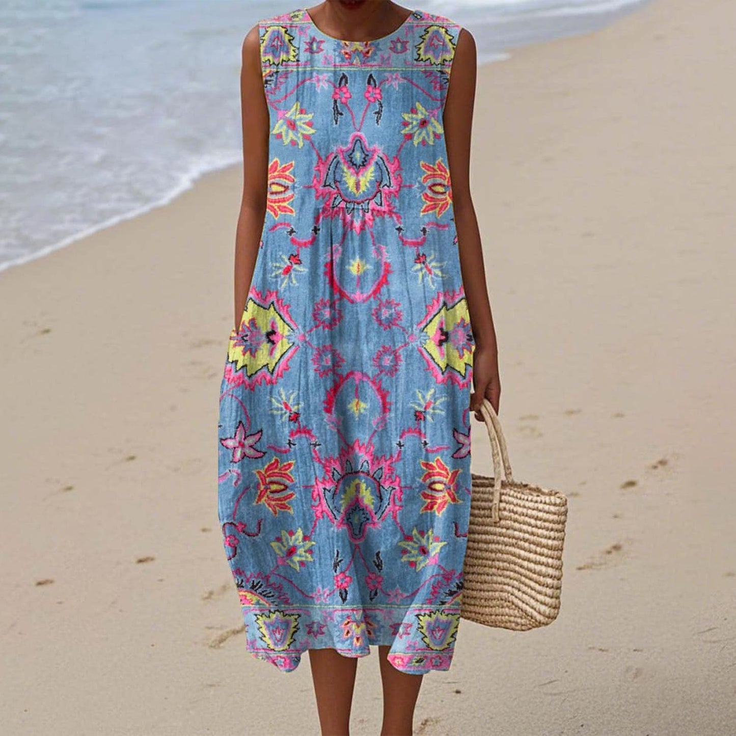 Sleeveless Shirt Dress Women's Casual Floral Print 3D Printed Sleeve Length Skirt