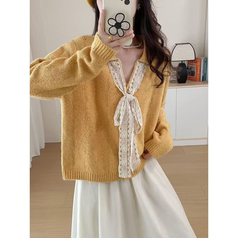 Lapel Knitwear Lace Lace-up Women's Sweater