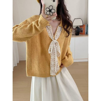 Lapel Knitwear Lace Lace-up Women's Sweater