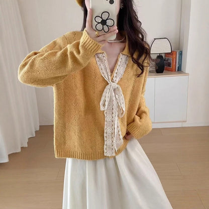 Lapel Knitwear Lace Lace-up Women's Sweater