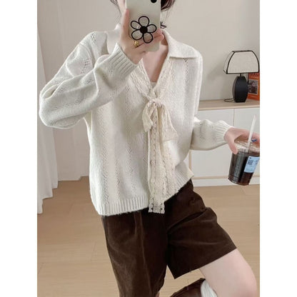 Lapel Knitwear Lace Lace-up Women's Sweater