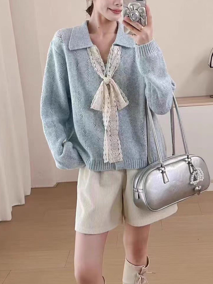 Lapel Knitwear Lace Lace-up Women's Sweater